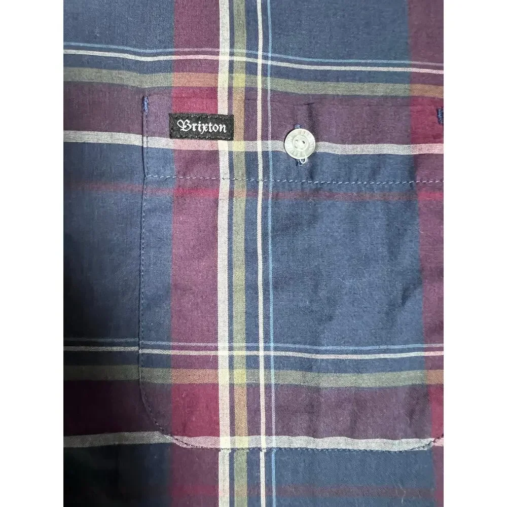 Brixton Mens M Plaid Short Sleeve Button Down Shirt Blue Burgundy Cotton Blend